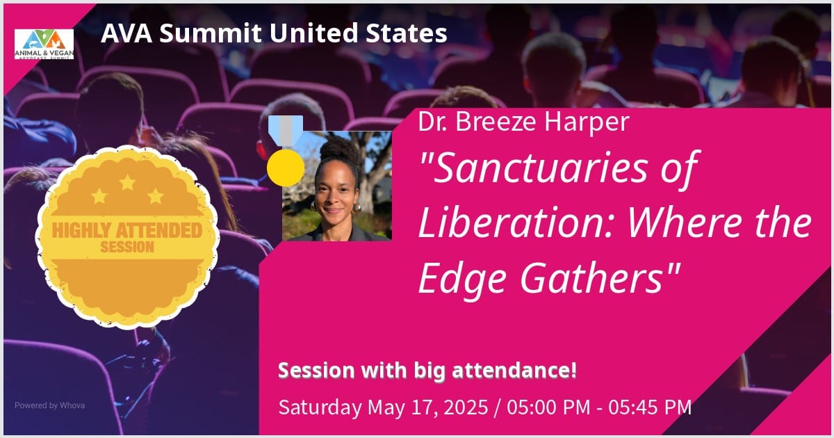Image of a theatre or conference space with filled seats. Small image of Dr. Breeze Harper. Text:  AVA Summit United States - Dr. Breeze Harper - "Sanctuaries of Liberation: Where the Edge Gathers" - Highly Attended Session - Session with big attendance! Saturday May 17, 2025 / 05:00 PM - 05:45 PM