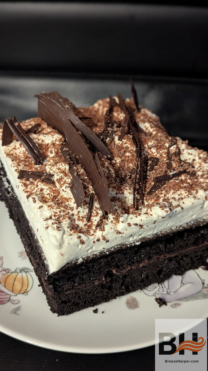 A square slice of rich dark vegan cake with icing.
