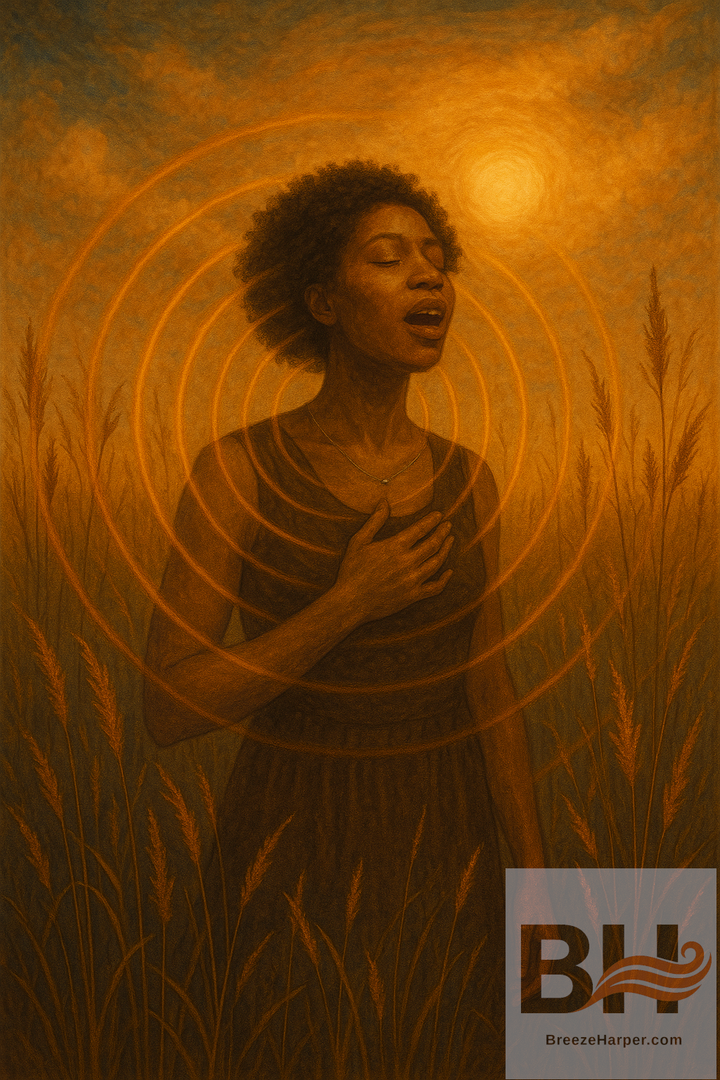 A Black woman sings while standing in a deep field of grass or grains; sun above her, rings of sound emanate from her core.