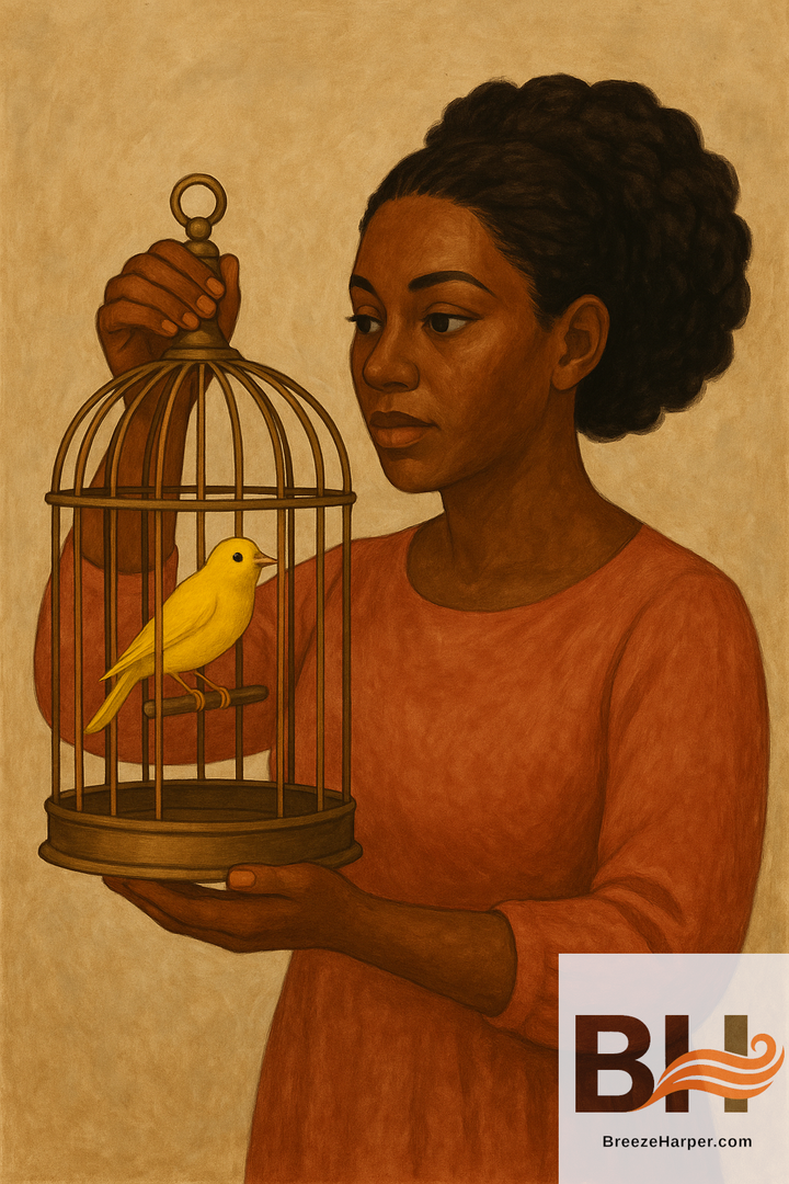 A black person holds a cage in which sits a canary. Notably, the gaps in the cage are wide enough forthe canary to leave.