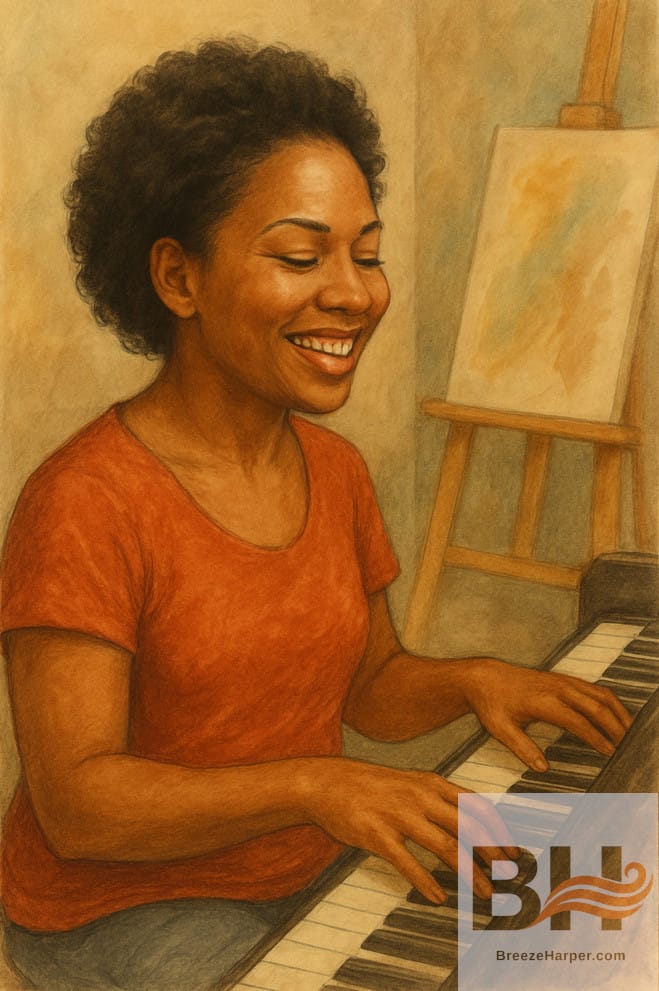 A person smiles while playing a piano.